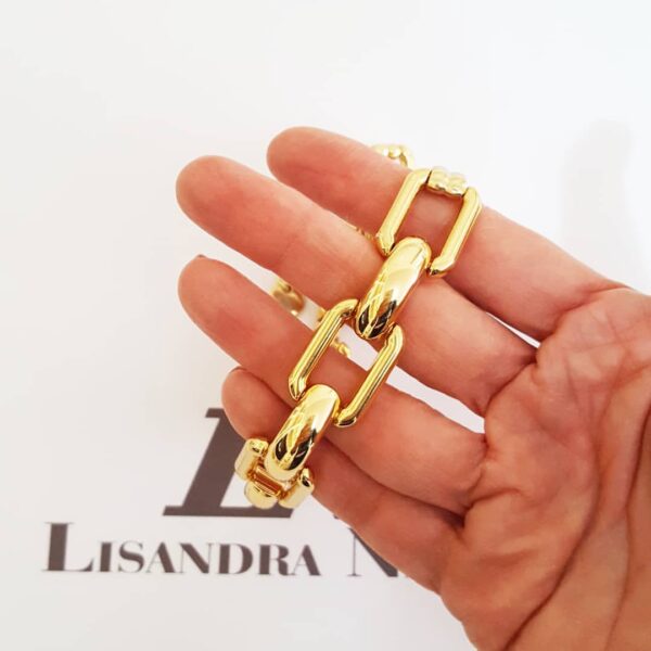 Pulseira Elo Retangular Grande Intercalado Metal Banho Ouro Fecho Ímã 18cm