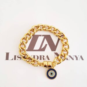 Pulseira Elo Grumet-117 Olho Grego AzulBanho Ouro  Fecho Ímã