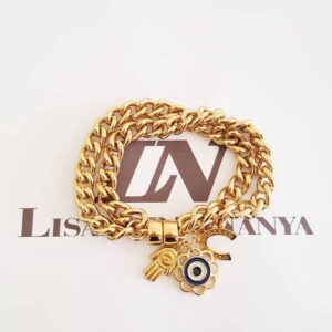Pulseira Elo Grumet-98 Banho Ouro Olho Hamsa Ferradura Fecho Ímã