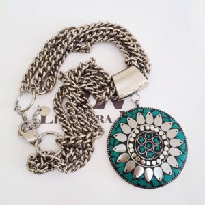 Colar Tibetano Caquinho Cerâmica Turquesa Banho Prateado 4 Voltas Elo Grumet-98