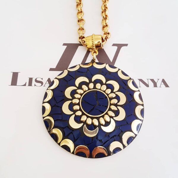 Colar Tibetano Caquinho Azul Corrente Aço Elo Português-106 Banho Ouro