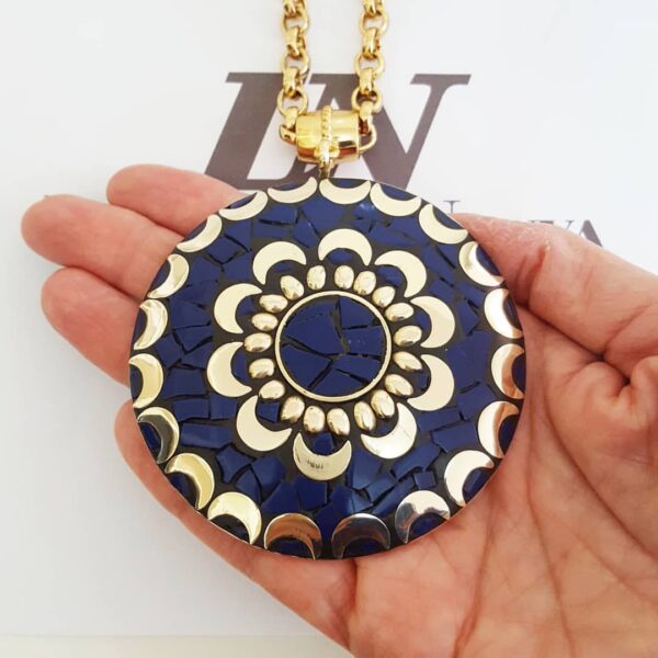 Colar Tibetano Caquinho Azul Corrente Aço Elo Português-106 Banho Ouro