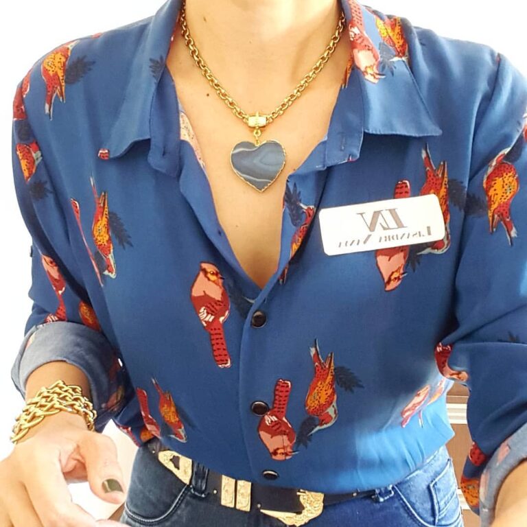 Colar Pedra Mineral Ágata Coração Médio Azul Banho Ouro Elo Português-106