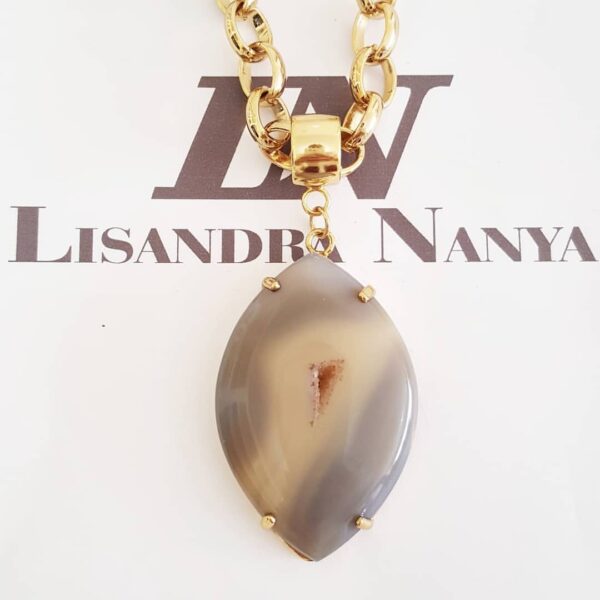 Colar Pedra Mineral Ágata Neutra Banho Ouro Elo Português-145