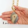 Colar Pedra Mineral Ágata Neutra Banho Ouro Elo Português-145