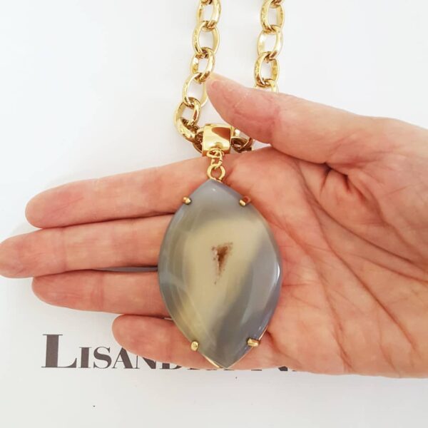 Colar Pedra Mineral Ágata Neutra Banho Ouro Elo Português-145