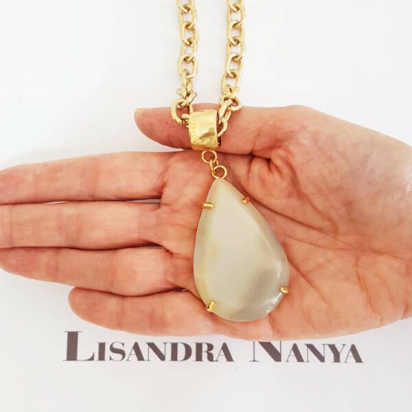 8564c Colar Pedra Mineral Ágata Neutra Banho Ouro Elo Cadeado-22