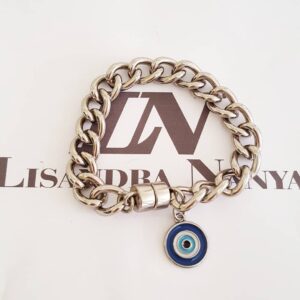 Pulseira Prateada Elo Grumet-117 Pingente Olho Grego Fecho Ímã (20cm) Pulseira Pingente Olho Grago Banho Prateado Elo Grumet-117 Corrente Aço