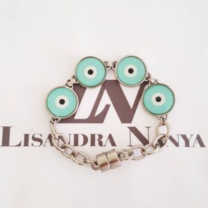 Pulseira Prateada 4 Olho Grego Turquesa Fecho Ímã (20cm) Pulseira Olho Grego Turquesa Banho Prateado Fecho Ímã