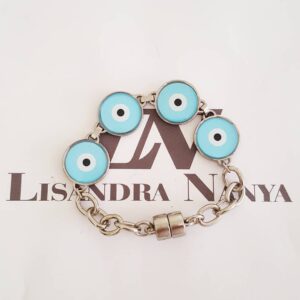 Pulseira Olho Grego Azul Claro Banho Prateado Fecho Ímã