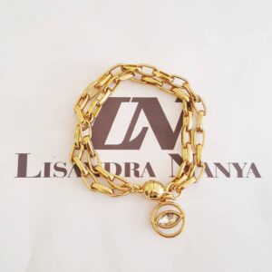 Pulseira Elo Retangular-129 Pingente Olho Redondo Pedrinha Branca Fecho Ímã