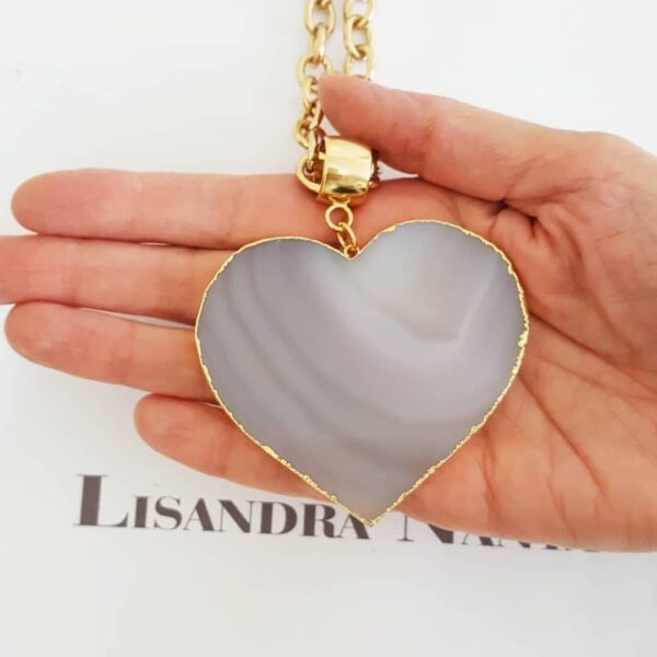 Colar Pedra Mineral Ágata Cinza Coração Banho ouro Elo Cadeado-22