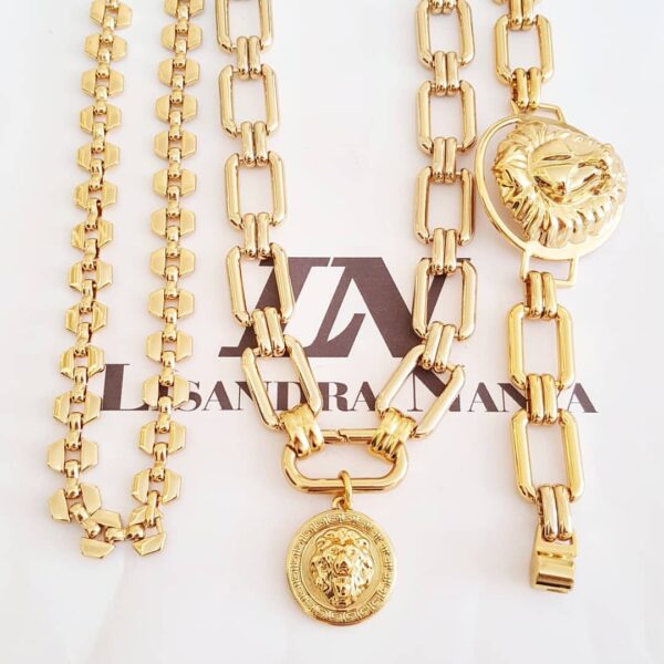 Conjunto Combinado Pulseira + 2 Colares Leão Banho Ouro Elo Retangular/Oitavado