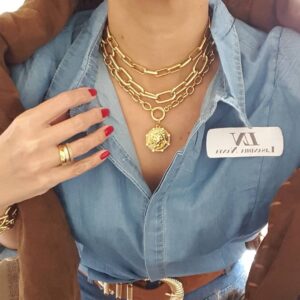 Conjunto 3 Colares Elos Retangulares Pingente Leão Banho Ouro Corrente Aço