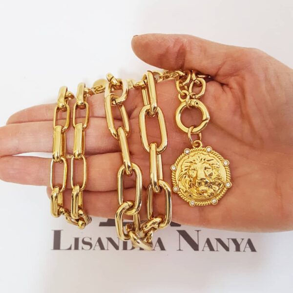8603g Conjunto 3 Colares Elos Retangulares Pingente Leão Banho Ouro Corrente Aço
