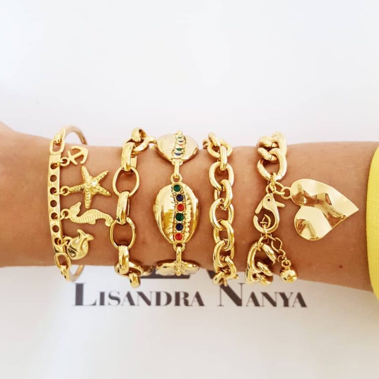 Conjunto Combinado 5 Pulseiras Verão e Mar Banho Ouro Corrente Aço