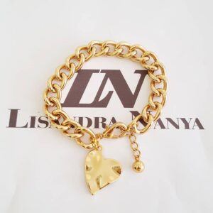 Pulseira 1 Volta Elo Grumet-117 Pingente Coração Banho Ouro Corrente Aço