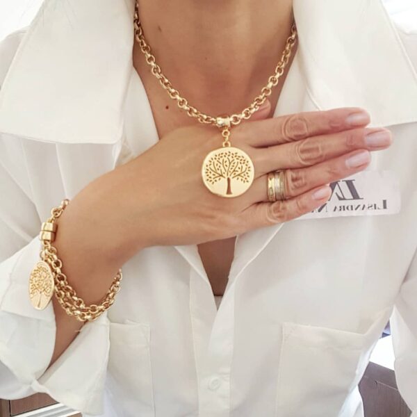 Conjunto Árvore da Vida Banho Ouro Recorte Laser Colar + Pulseira