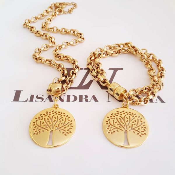 Conjunto Árvore da Vida Banho Ouro Recorte Laser Colar + Pulseira