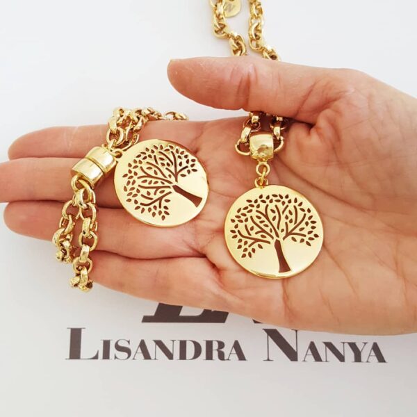 Conjunto Árvore da Vida Banho Ouro Recorte Laser Colar + Pulseira