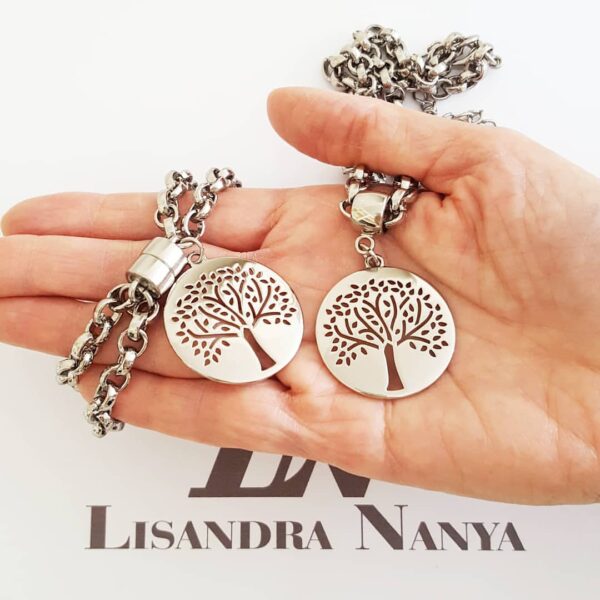 Conjunto Árvore da Vida Prateado Recorte Laser Colar + Pulseira Ímã