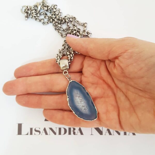 Colar Pedra Ágara Mineral Azul Banho Prateado 2 Voltas Elo Português-218 