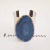 Bracelete Largo Pedra Ágata Azul Mineral Central Banho Prateado
