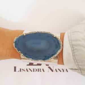 Bracelete Largo Pedra Ágata Azul Mineral Central Banho Prateado
