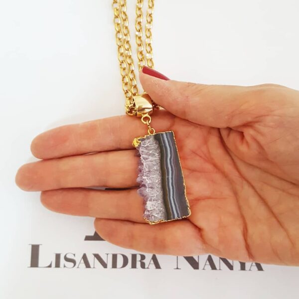 Colar Estalactite Lâmina Pedra Mineral Banho Ouro Curto Elo Português-130
