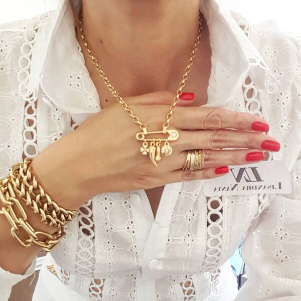 Conjunto Penduricalhos Colar Alfinete Pingentes + Brinco Argola Banho Ouro
