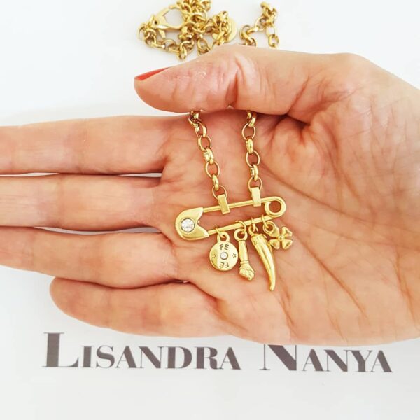 Conjunto Penduricalhos Colar Alfinete Pingentes + Brinco Argola Banho Ouro