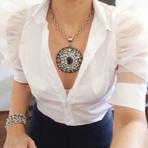 Colar Tibetano Caquinho Cerâmica Branca Corrente Aço Elo Português-23