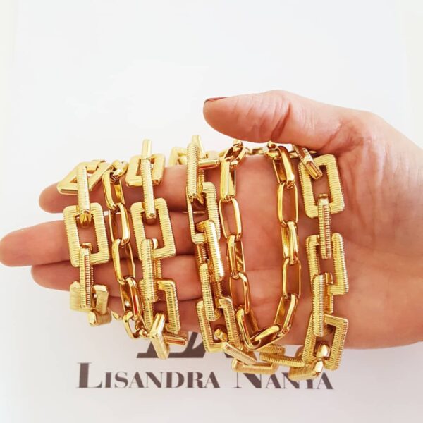 Conjunto Banho Ouro 3 Pulseiras + 2 Colares Combinados Elos Retangulares