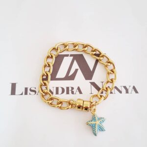 8666d Pulseira Elo Grumet-73 Pingente Estrela-do-mar Azul Banho Ouro Fecho Ímã