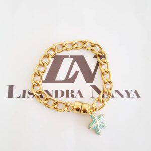 8666f Pulseira Elo Grumet-73 Pingente Estrela-do-mar Azul Claro Banho Ouro Fecho Ímã