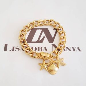 Pulseira Elo Grumet-117 c/ Pingentes Estrelas Banho Ouro Fecho Ímã