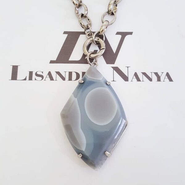 8670d Colar Pedra Mineral Ágata Azul Banho Prateado Corrente Aço Elo Português-145