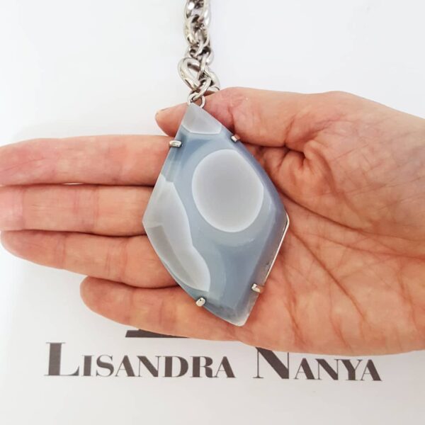 8670e Colar Pedra Mineral Ágata Azul Banho Prateado Corrente Aço Elo Português-145