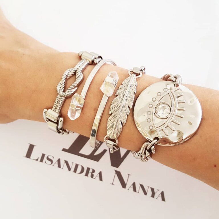 Conjunto 4 Pulseiras Banho Prateado Corrente Aço Pedra Nó Moeda Pena