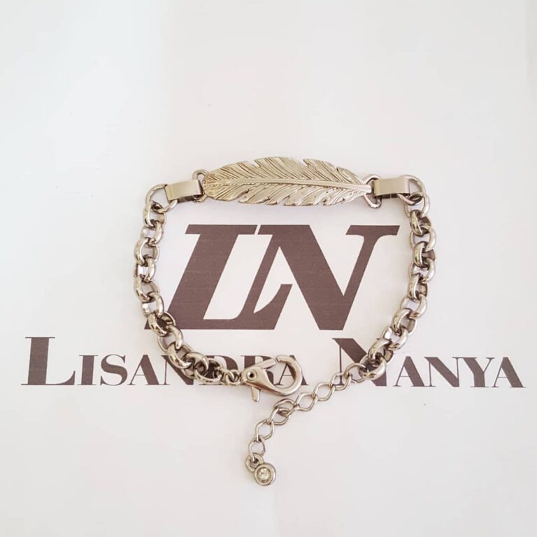 Pulseira Formato Pena Banho Prateado Corrente Aço Elo Português-106