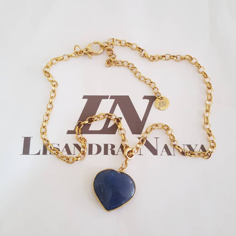 Colar Coração Pedra Mineral Quartzo Azul Banho Ouro Elo Português-130