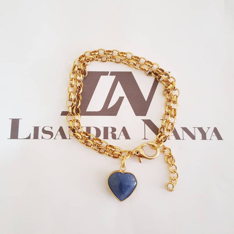 Pulseira Coração Pedra Quartzo Azul Banho Ouro 2 Voltas Aço Elo Português-130