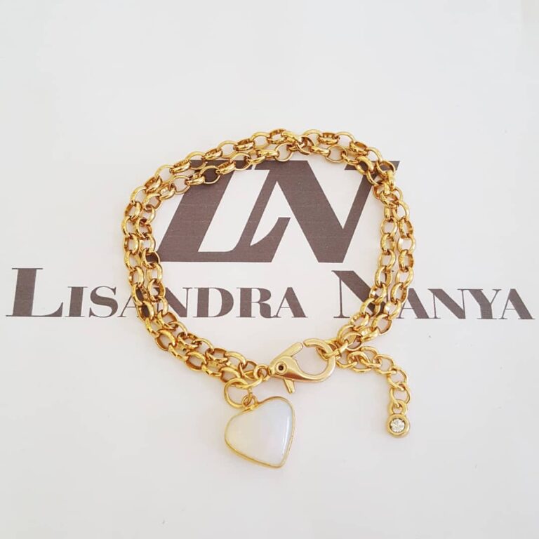 Pulseira Coração Pedra da Lua Branca Banho Ouro 2 Voltas Aço Elo Português-130