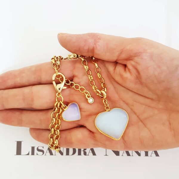 Conjunto Combinado Coração Pedra Branca Banho Ouro Colar + Pulseira