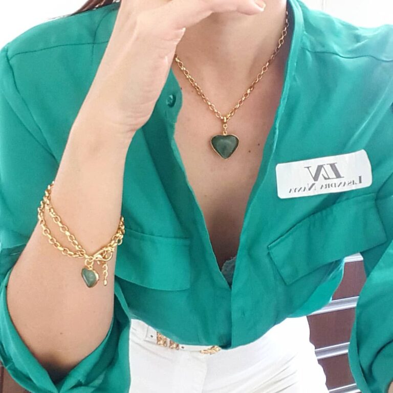 Colar Coração Pedra Mineral Quartzo Verde Banho Ouro Elo Português-130