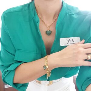 Conjunto Combinado Coração Quartzo Verde Banho Ouro Colar + Pulseira