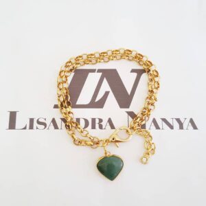 Pulseira Coração Pedra Quartzo Verde Banho Ouro 2 Voltas Aço Elo Português-130