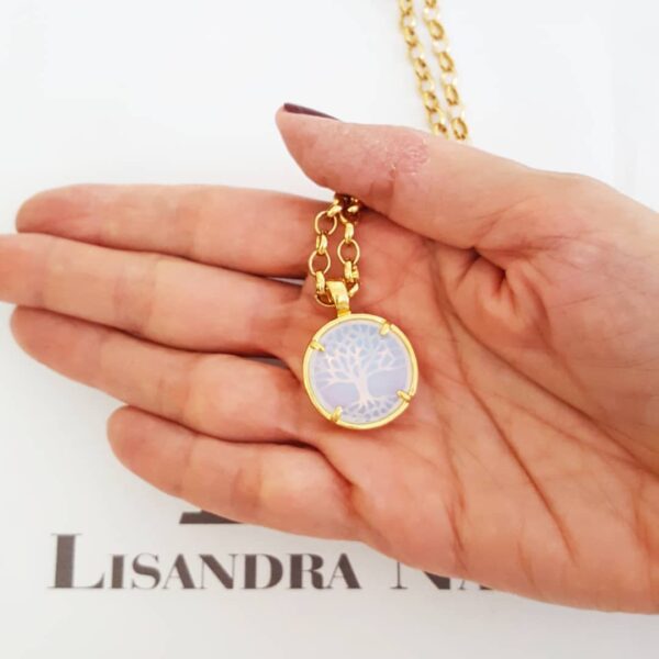 Colar Árvore da Vida Pedra da Lua Banho Ouro Elo Português-130