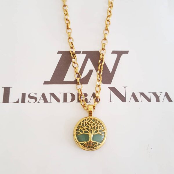 Colar Árvore da Vida Quartzo Verde Banho Ouro Elo Português-130