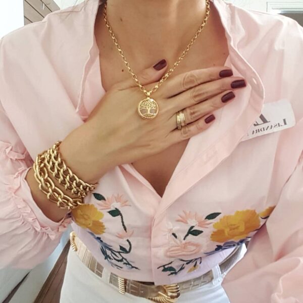 Colar Árvore da Vida Quartzo Rosa Banho Ouro Elo Português-130